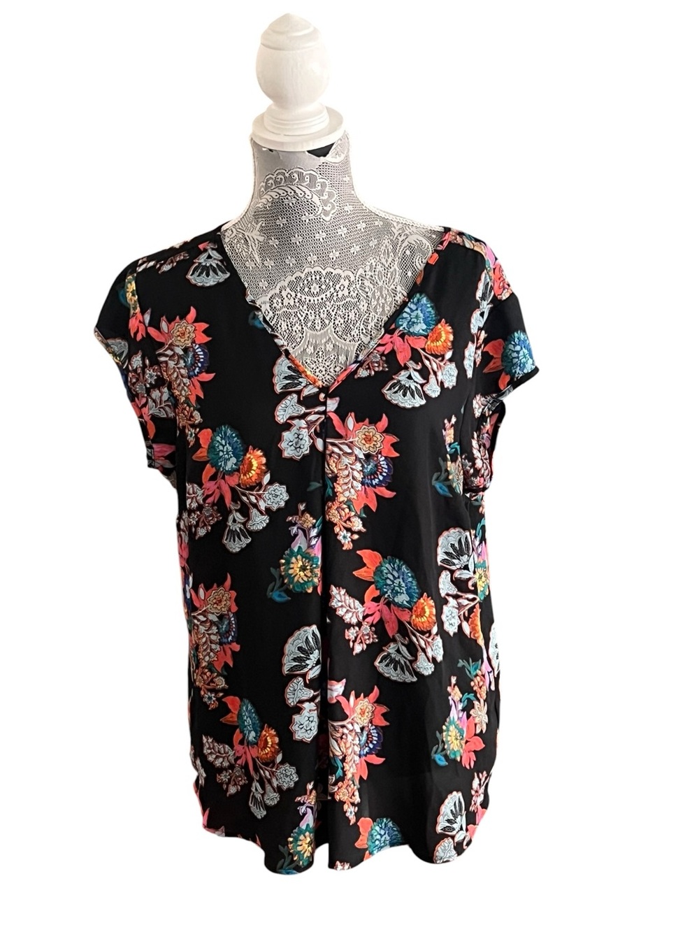 DR2 Floral V-Neck Cap Sleeve Blouse Black Multicolor Women’s Large